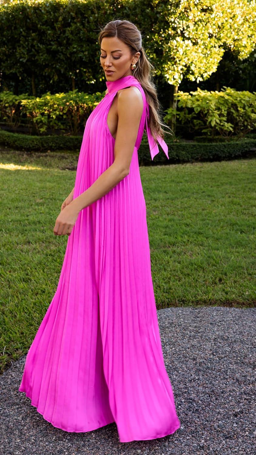 image:imageXscape Womens Satin Halter Sleeveless Floor Length DressFuchsia