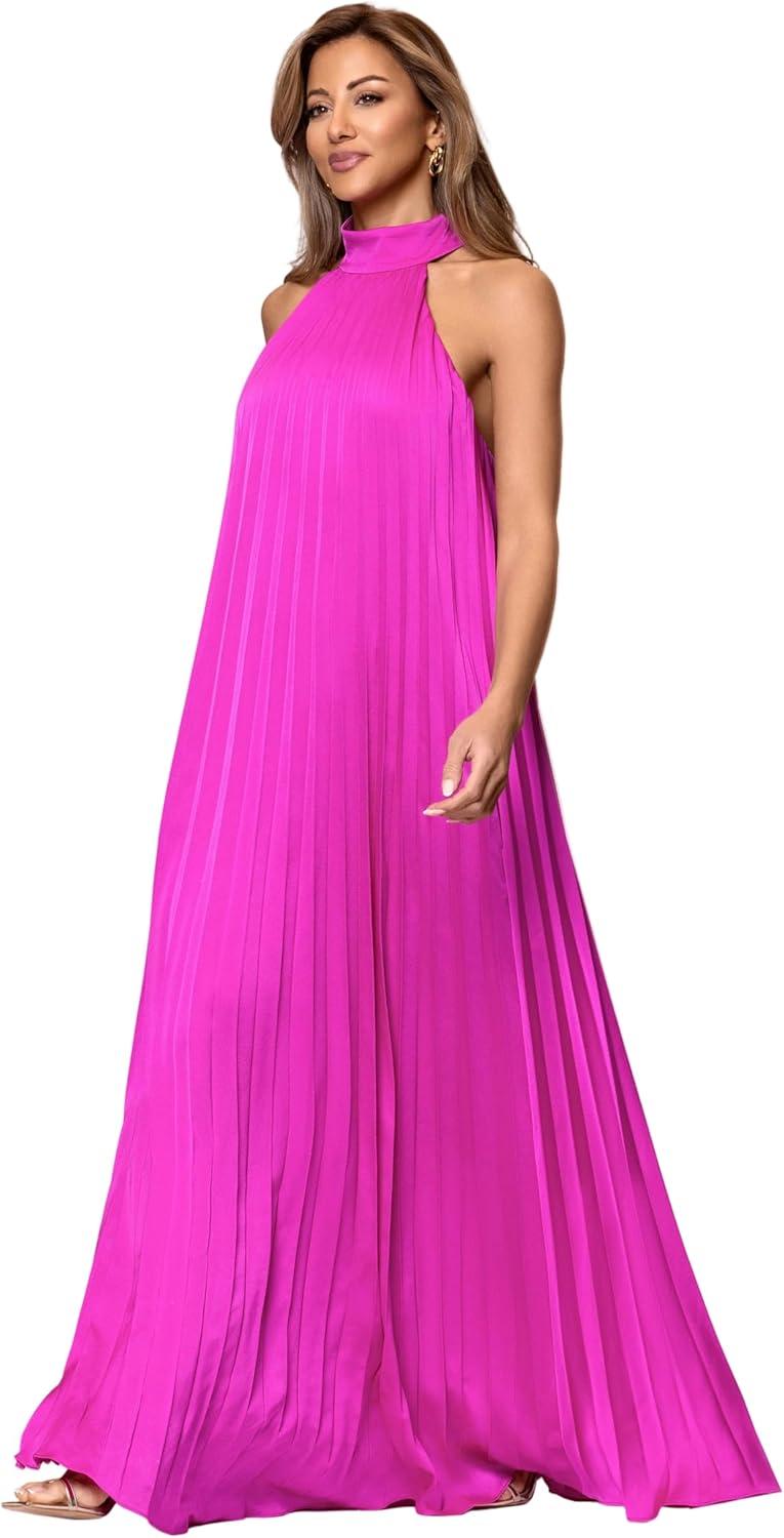 image:imageXscape Womens Satin Halter Sleeveless Floor Length DressFuchsia