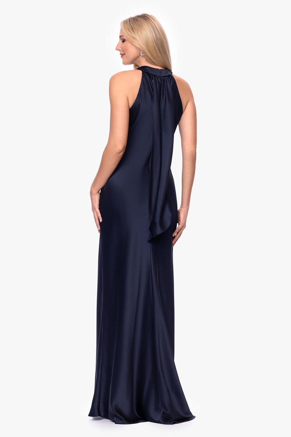 image:imageXscape Womens Satin Halter Sleeveless Floor Length DressNavy