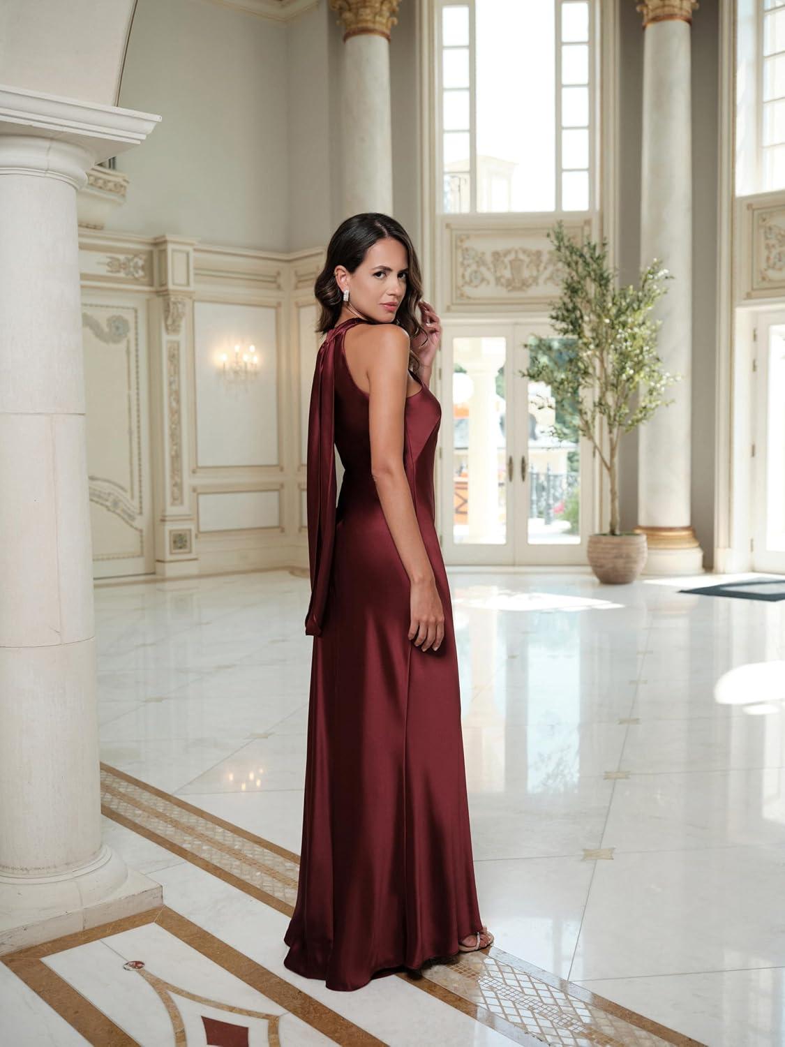 image:imageXscape Womens Satin Halter Sleeveless Floor Length DressWine