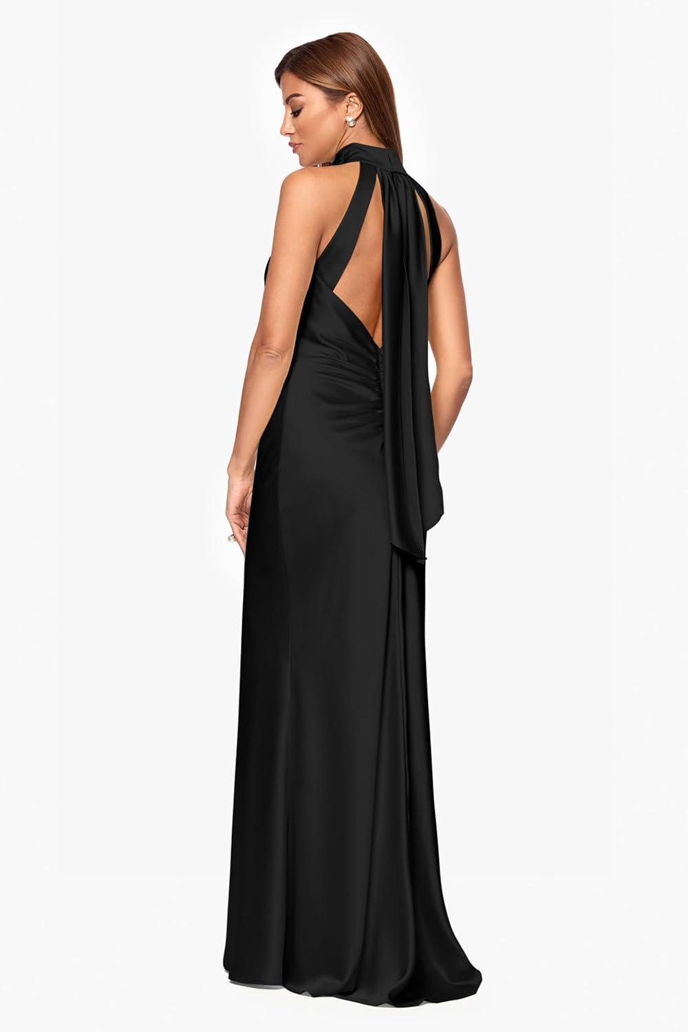 image:imageXscape Womens Satin Mock Neck Halter Floor Length DressBlack