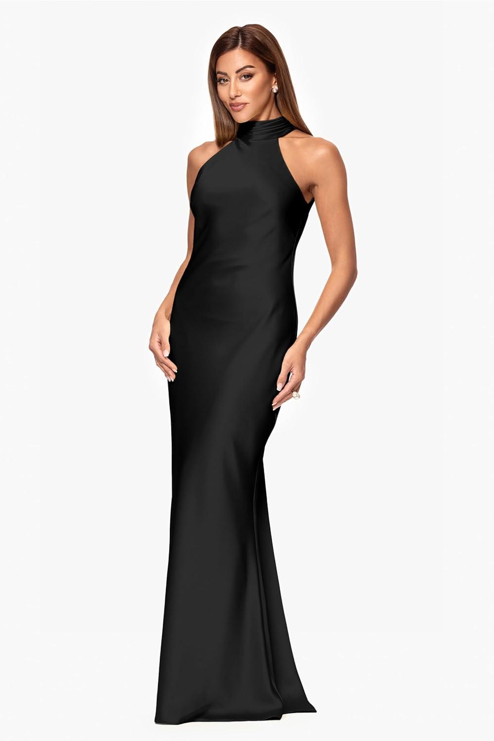 image:imageXscape Womens Satin Mock Neck Halter Floor Length DressBlack