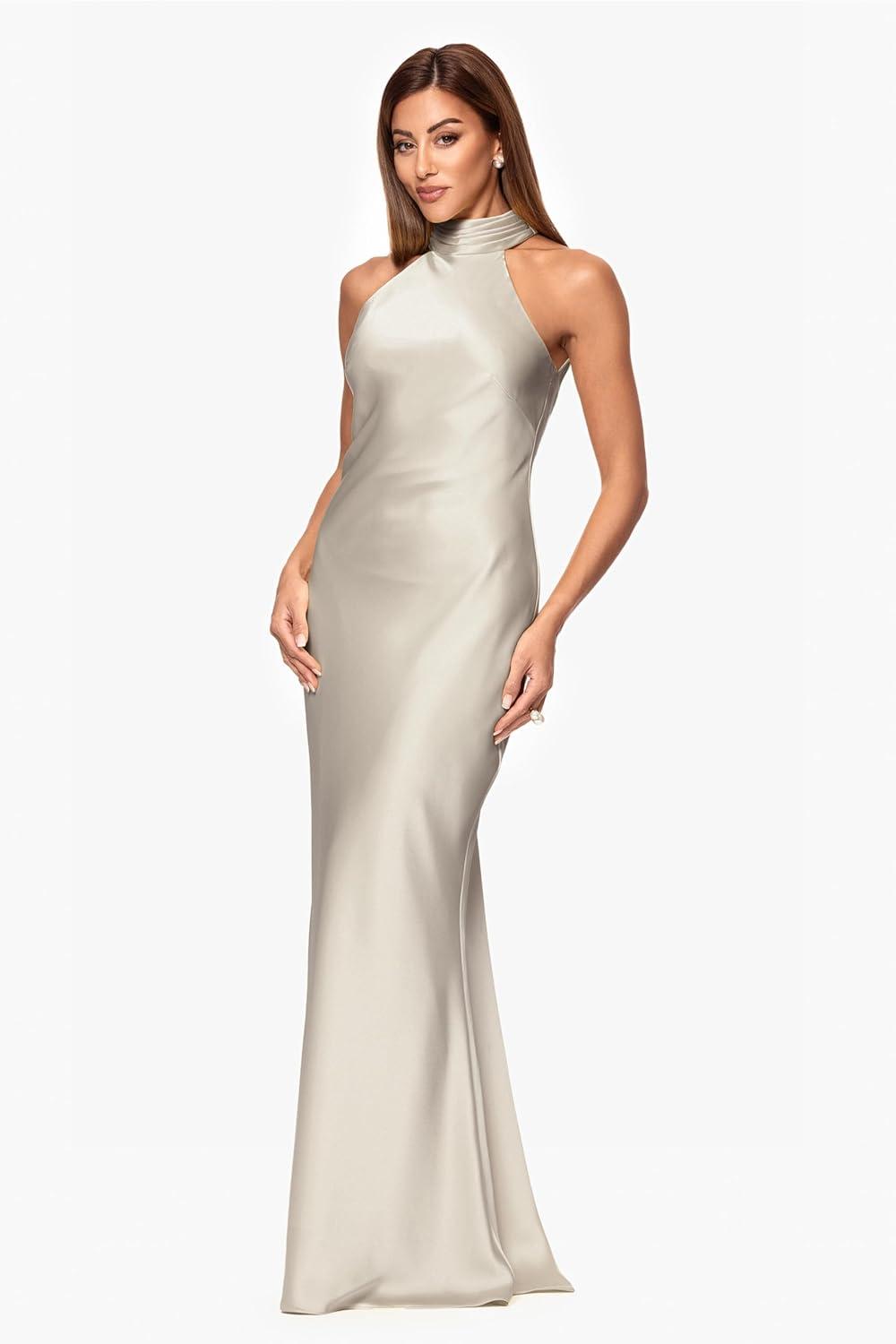 image:imageXscape Womens Satin Mock Neck Halter Floor Length DressChampagne