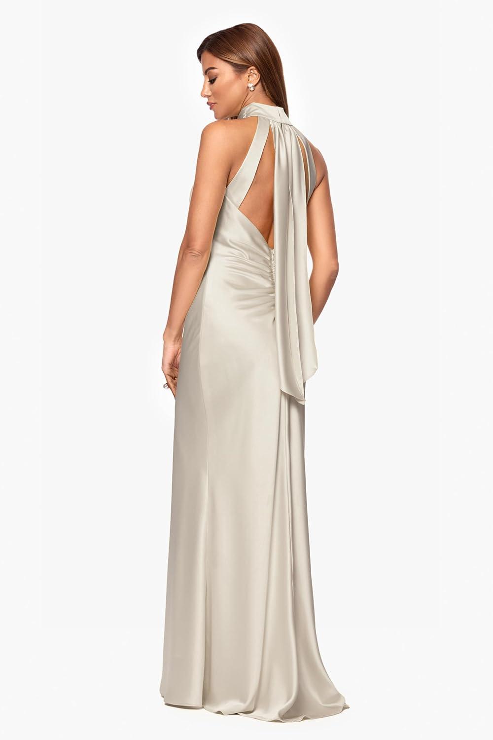 image:imageXscape Womens Satin Mock Neck Halter Floor Length DressChampagne