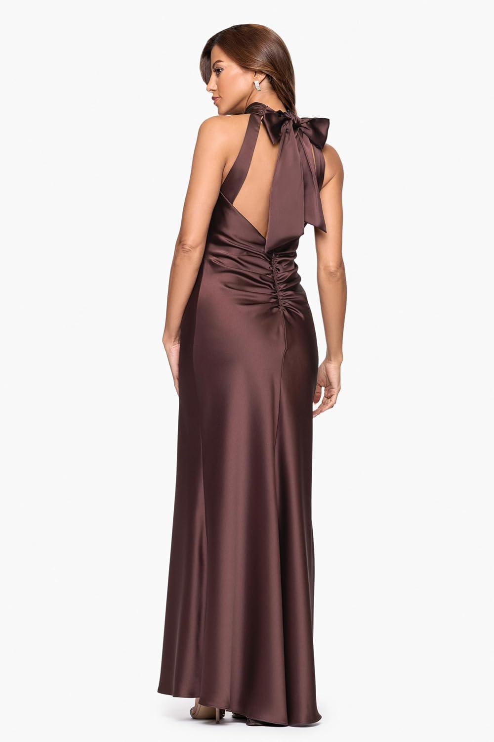 image:imageXscape Womens Satin Mock Neck Halter Floor Length DressChocolate