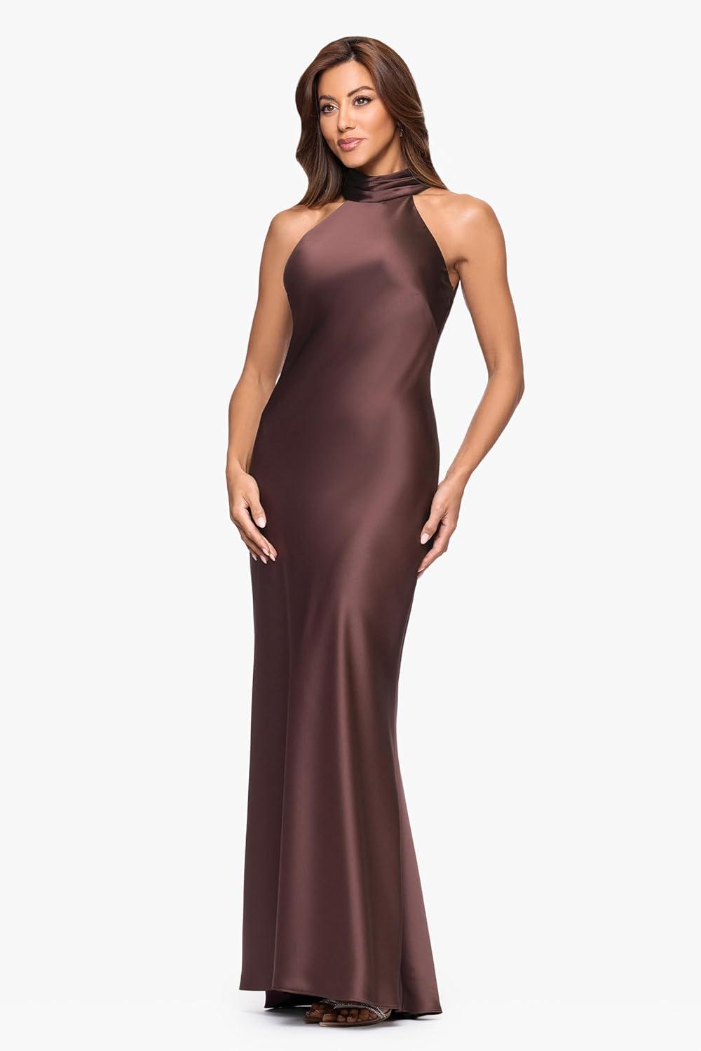 image:imageXscape Womens Satin Mock Neck Halter Floor Length DressChocolate
