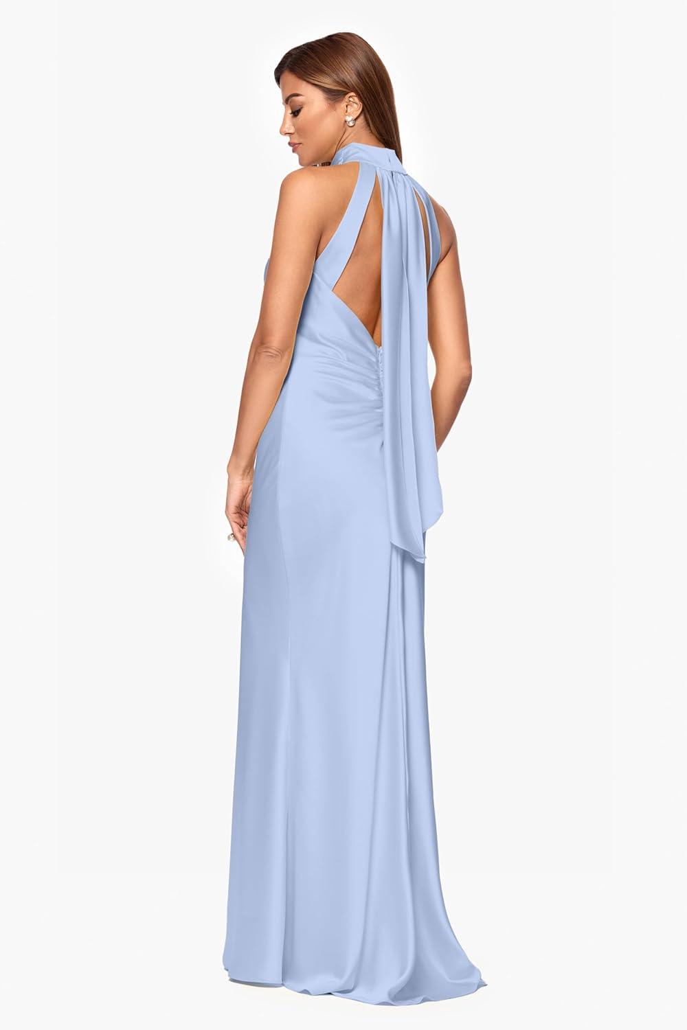 image:imageXscape Womens Satin Mock Neck Halter Floor Length DressLight Blue