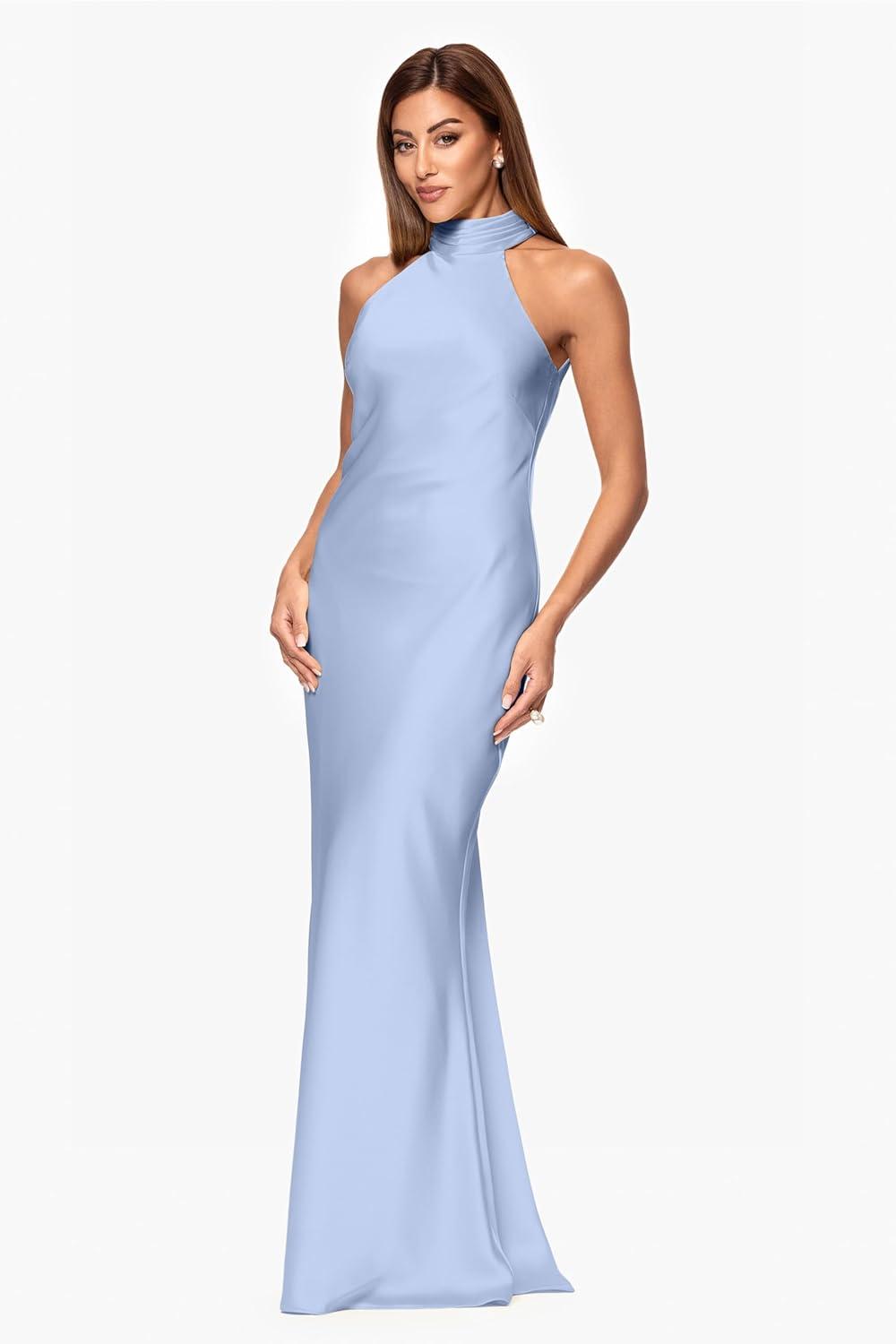 image:imageXscape Womens Satin Mock Neck Halter Floor Length DressLight Blue