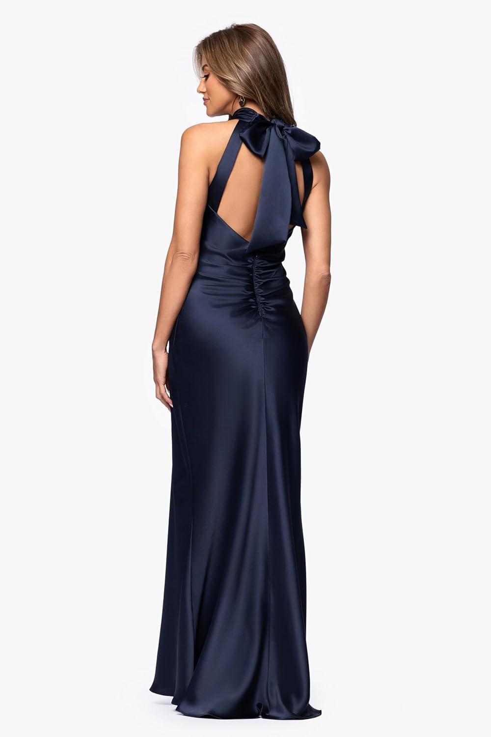 image:imageXscape Womens Satin Mock Neck Halter Floor Length DressNavy