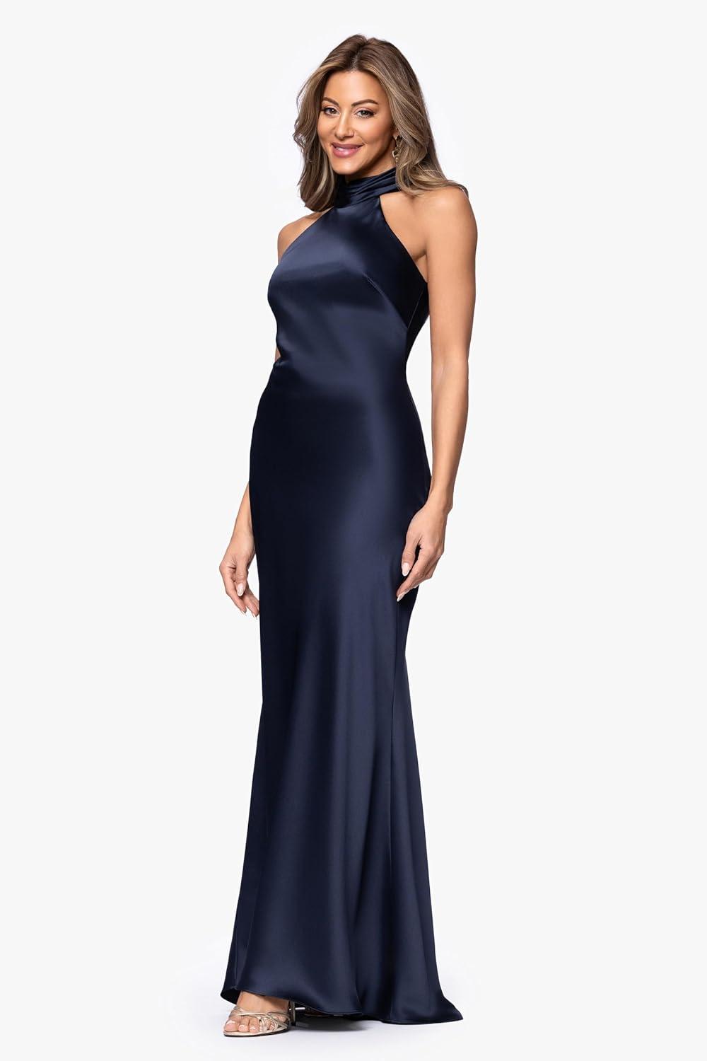 image:imageXscape Womens Satin Mock Neck Halter Floor Length DressNavy