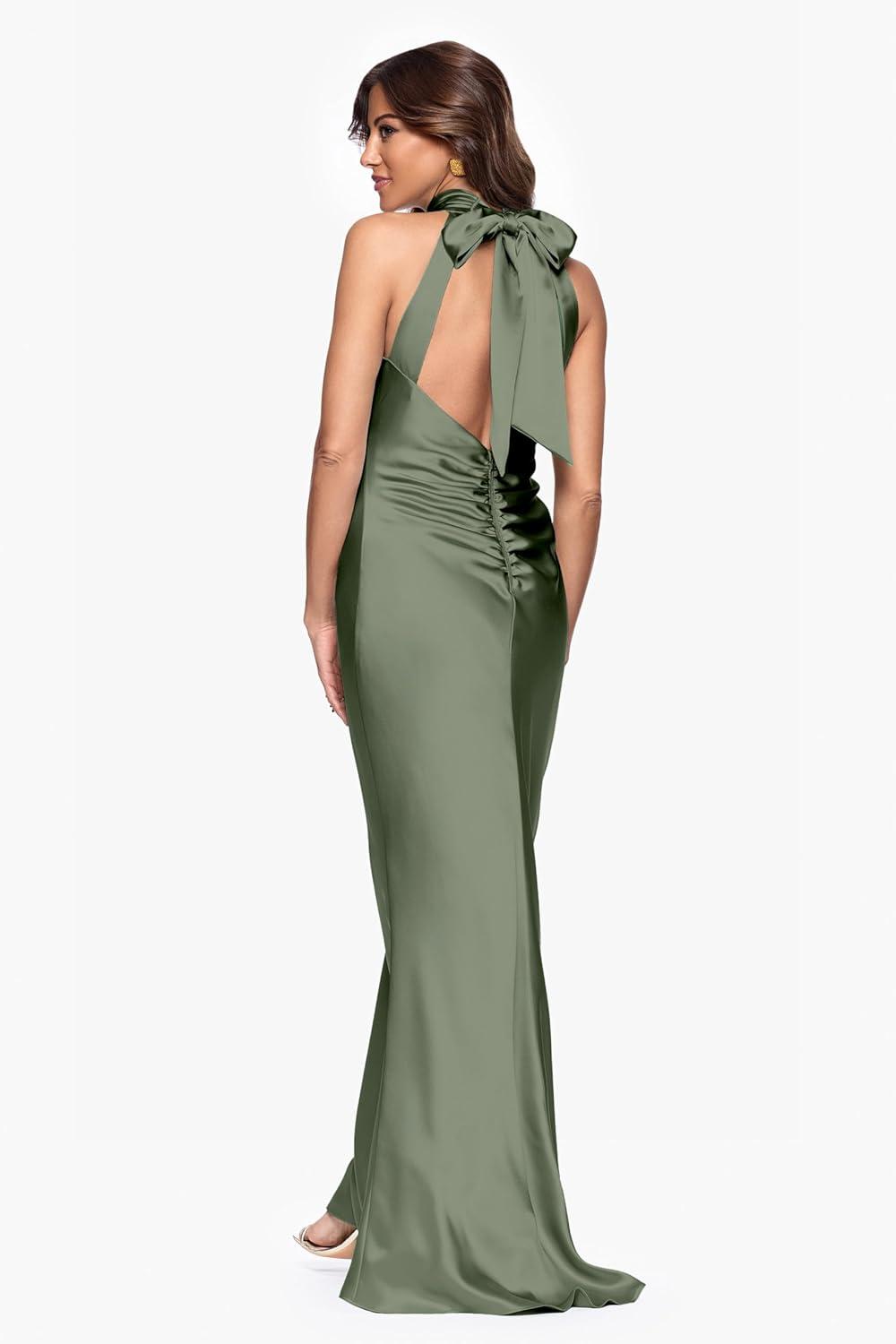 image:imageXscape Womens Satin Mock Neck Halter Floor Length DressOlive