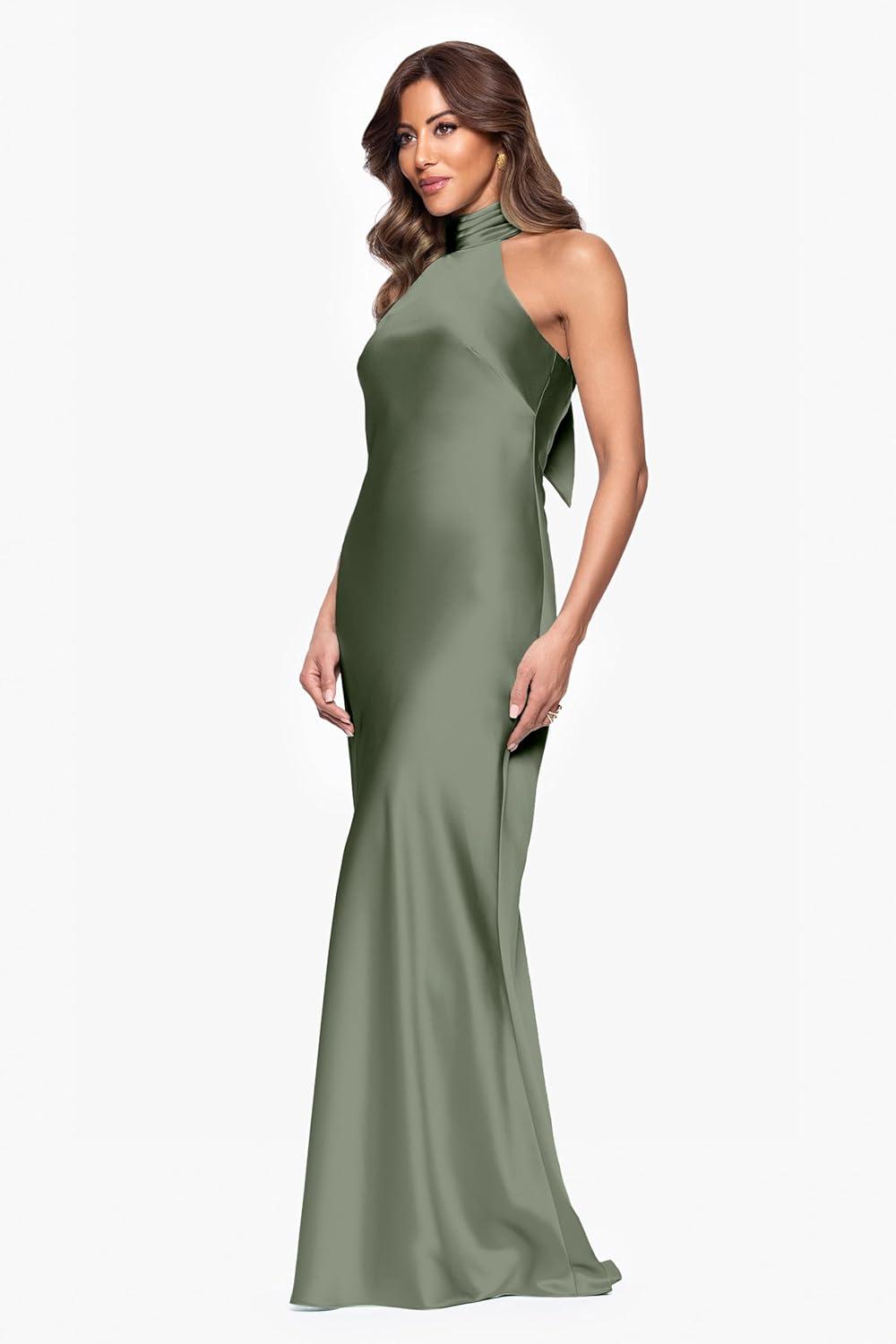 image:imageXscape Womens Satin Mock Neck Halter Floor Length DressOlive