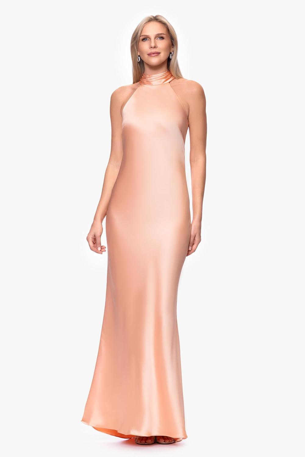 image:imageXscape Womens Satin Mock Neck Halter Floor Length DressPeach