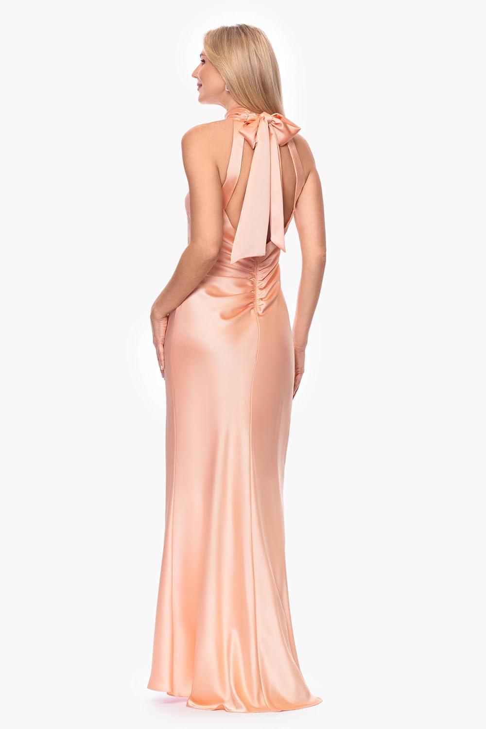 image:imageXscape Womens Satin Mock Neck Halter Floor Length DressPeach