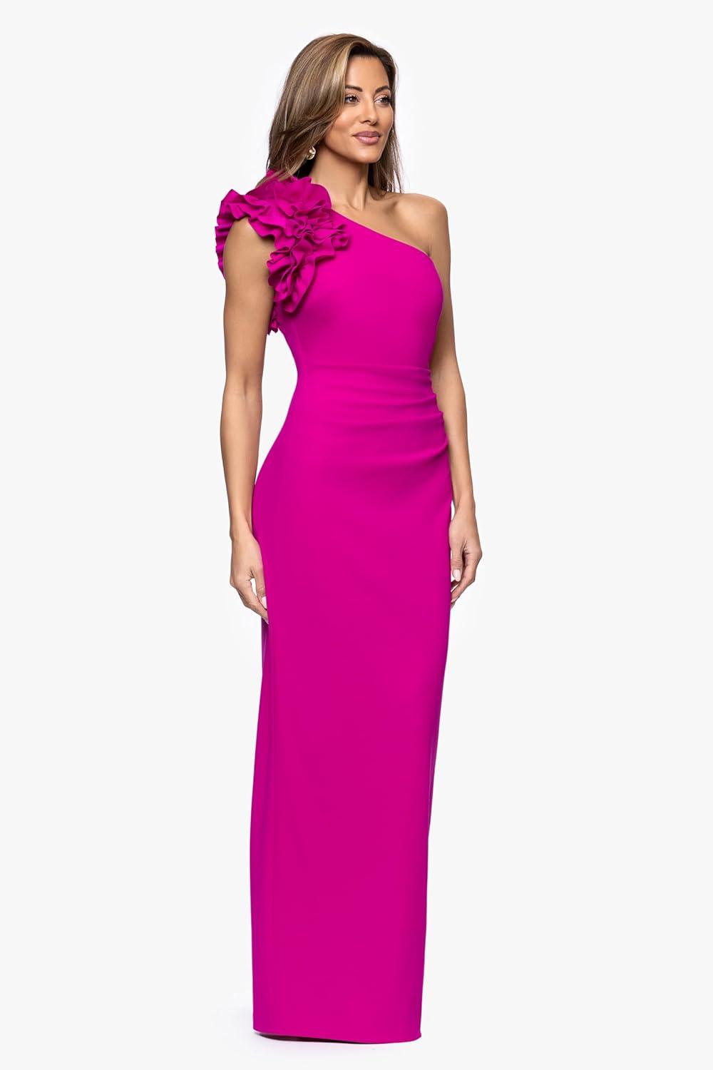 image:imageXscape Womens Scuba Crepe One Shoulder Sleeveless Floor Length DressNew Fuchsia