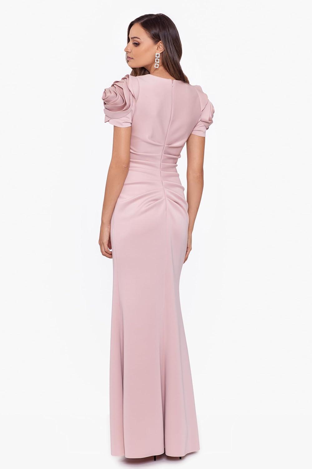 image:imageXscape Womens Scuba Crew Neck Floral Sleeve Ruched Floor Length DressBlush