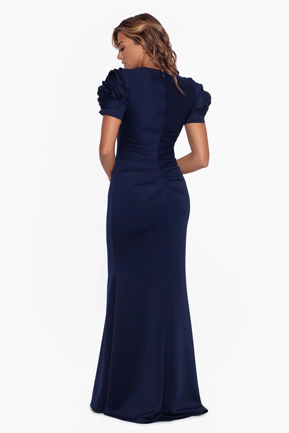image:imageXscape Womens Scuba Crew Neck Floral Sleeve Ruched Floor Length DressMidnight
