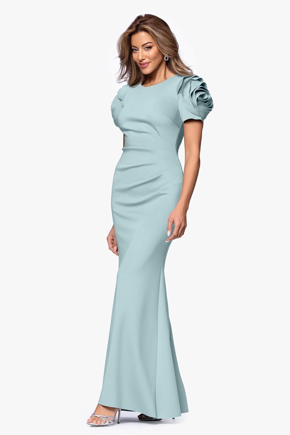 image:imageXscape Womens Scuba Crew Neck Floral Sleeve Ruched Floor Length DressSage