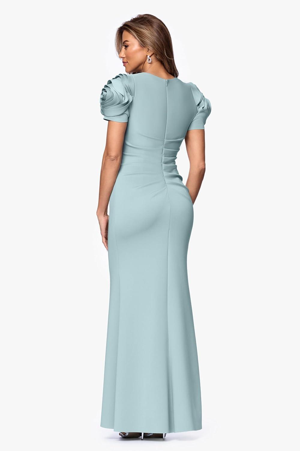 image:imageXscape Womens Scuba Crew Neck Floral Sleeve Ruched Floor Length DressSage
