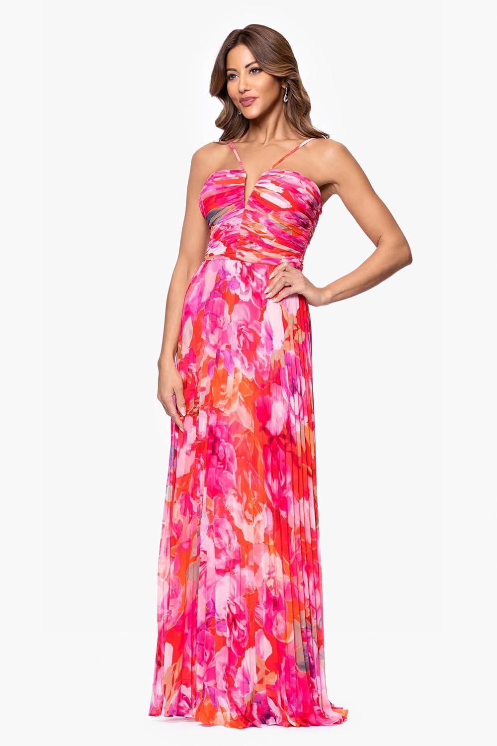 image:imageXscape Womens Sleeveless Long Halter V Neck Printed Pleated Spaghetti Strap DressRedPink