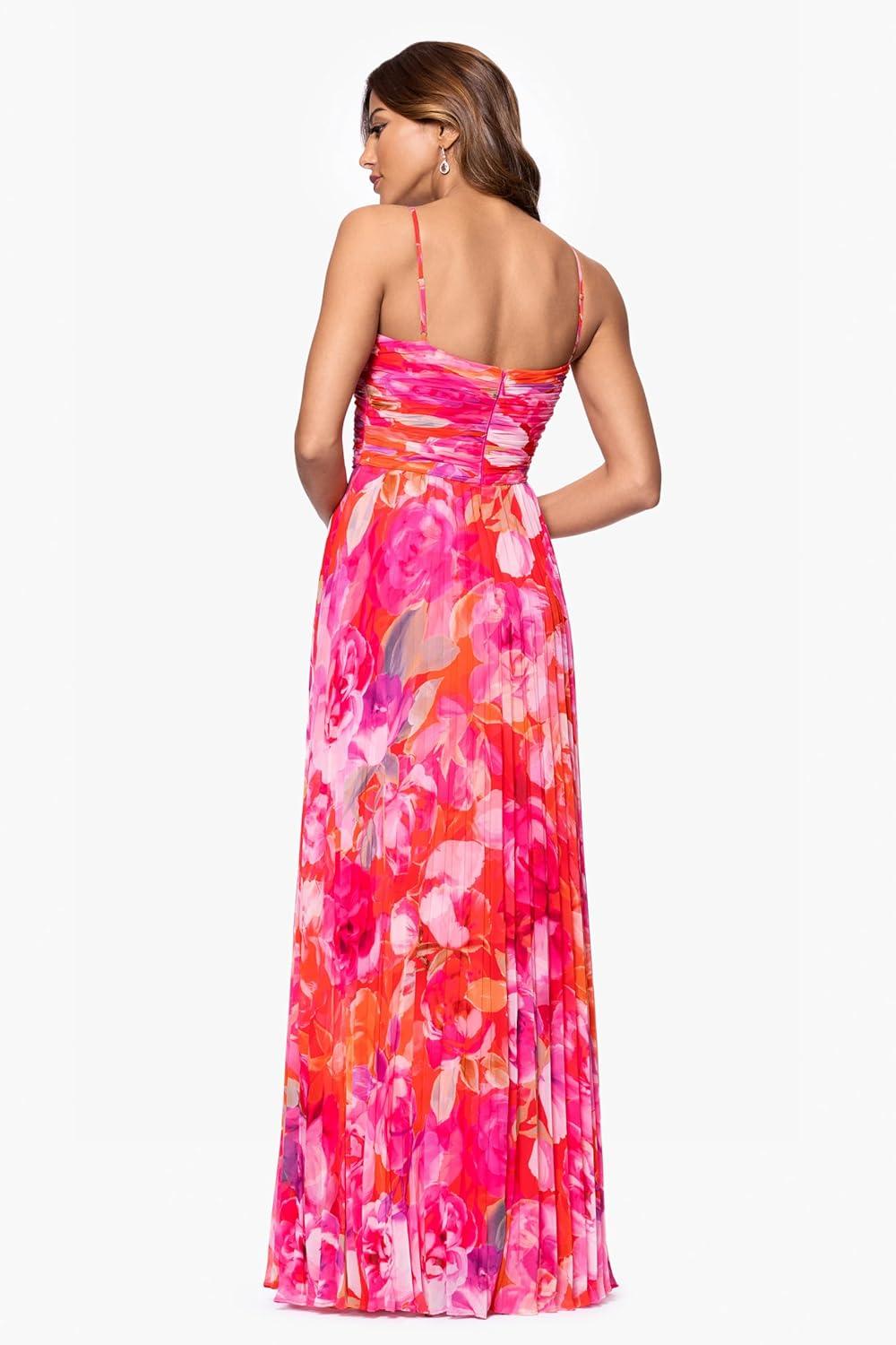 image:imageXscape Womens Sleeveless Long Halter V Neck Printed Pleated Spaghetti Strap DressRedPink
