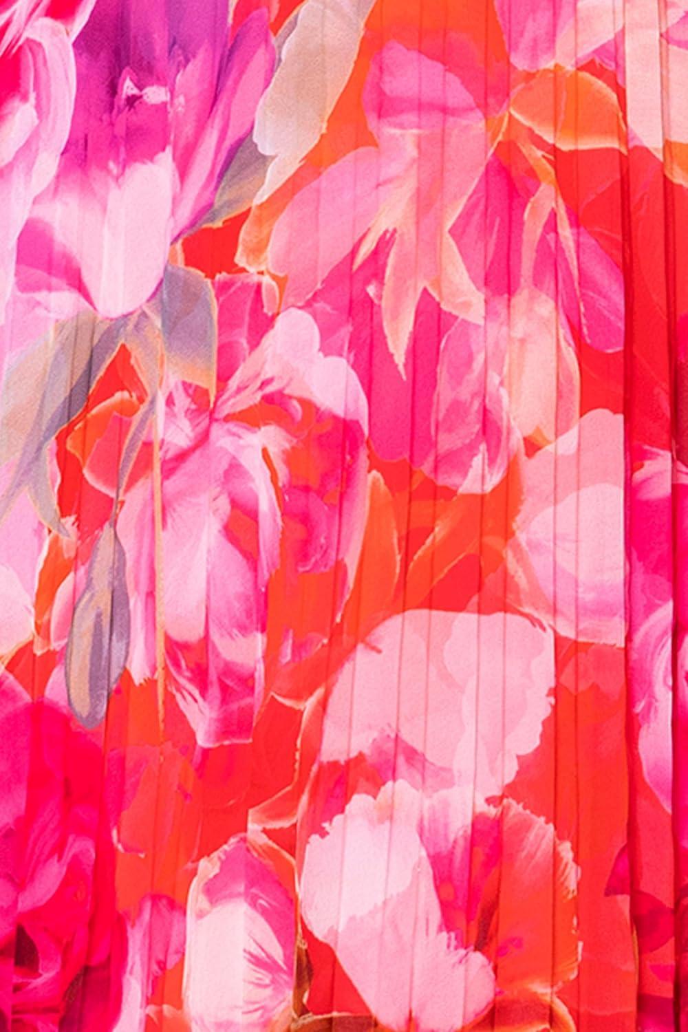 image:imageXscape Womens Sleeveless Long Halter V Neck Printed Pleated Spaghetti Strap DressRedPink