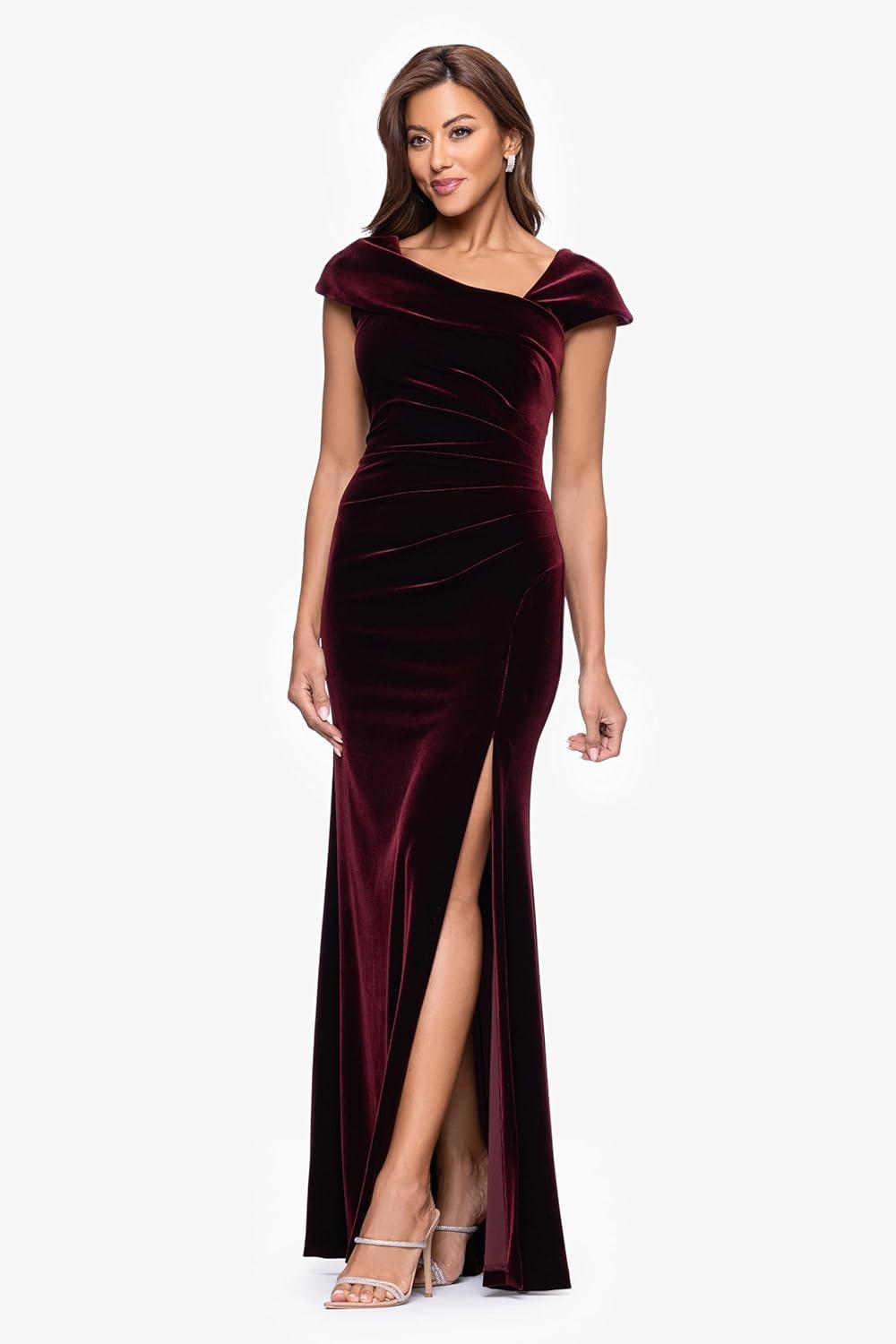 image:imageXscape Womens Velvet Asymmetrical Neck Short Sleeve Floor Length DressBurgundy