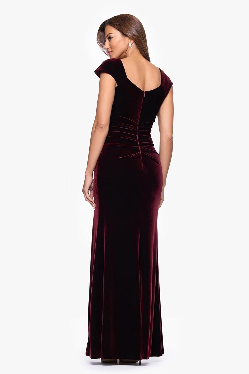 image:imageXscape Womens Velvet Asymmetrical Neck Short Sleeve Floor Length DressBurgundy