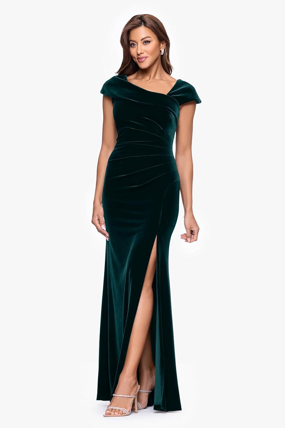 image:imageXscape Womens Velvet Asymmetrical Neck Short Sleeve Floor Length DressHunter