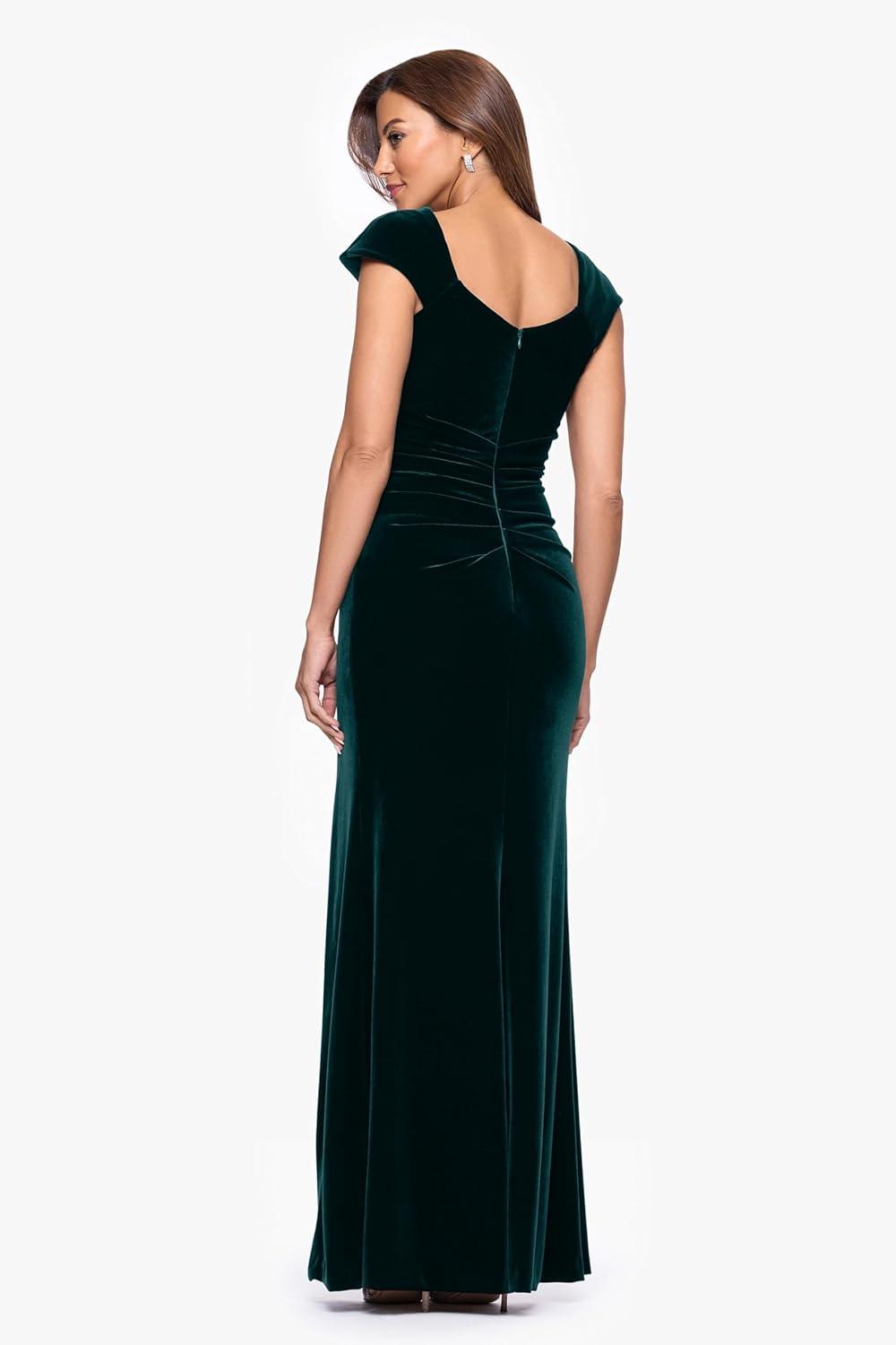 image:imageXscape Womens Velvet Asymmetrical Neck Short Sleeve Floor Length DressHunter