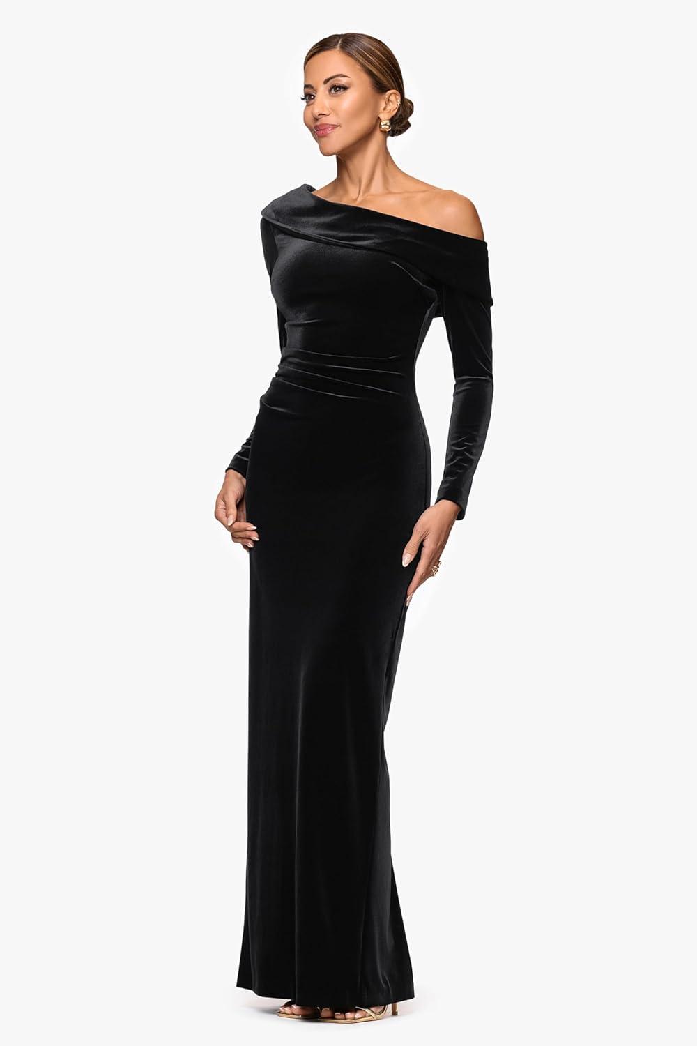 image:imageXscape Womens Velvet Drop Shoulder Long Sleeve Ruched Floor Length DressBlack