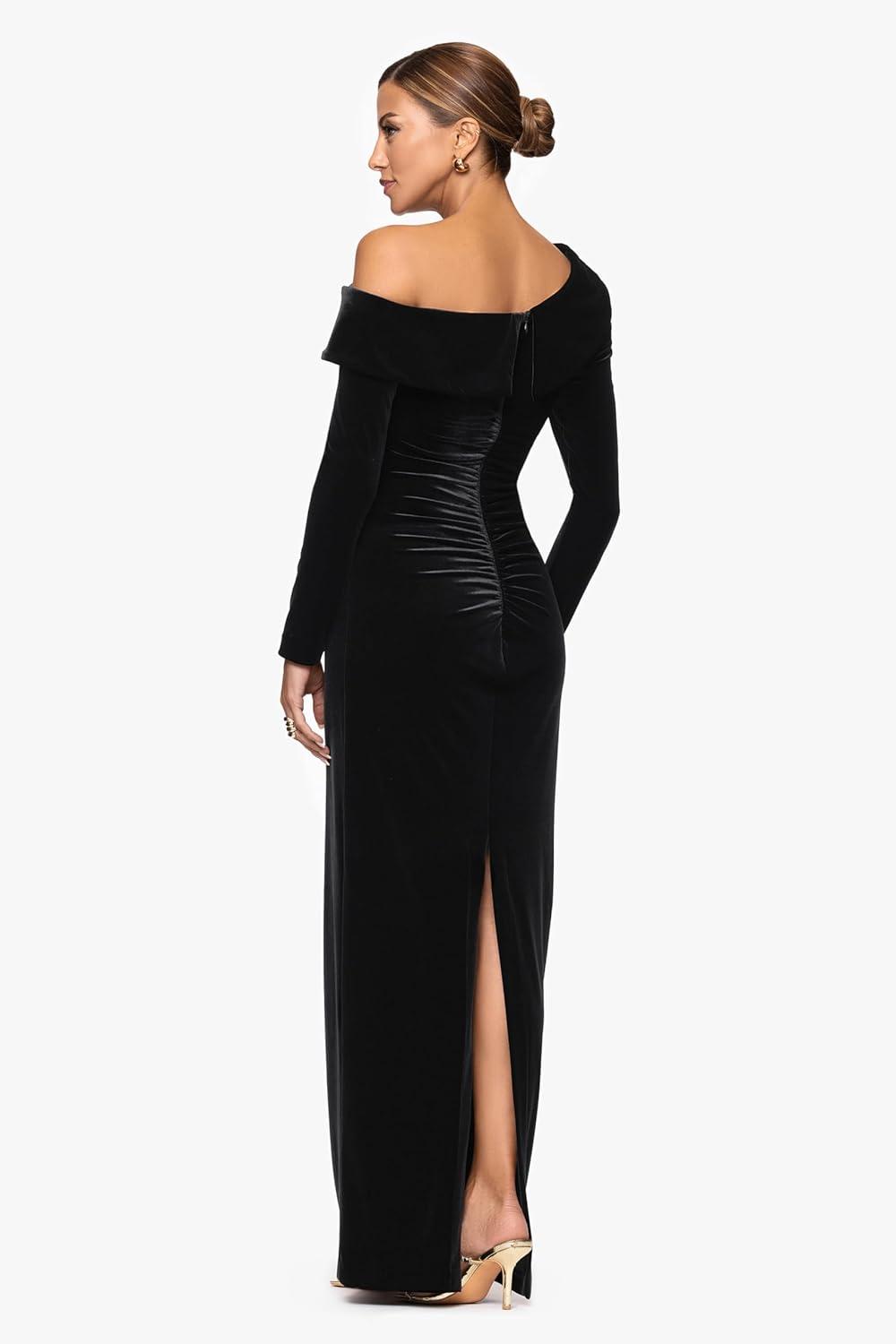 image:imageXscape Womens Velvet Drop Shoulder Long Sleeve Ruched Floor Length DressBlack