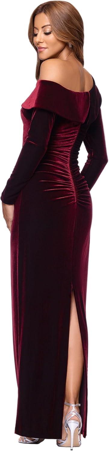 image:imageXscape Womens Velvet Drop Shoulder Long Sleeve Ruched Floor Length DressBurgundy