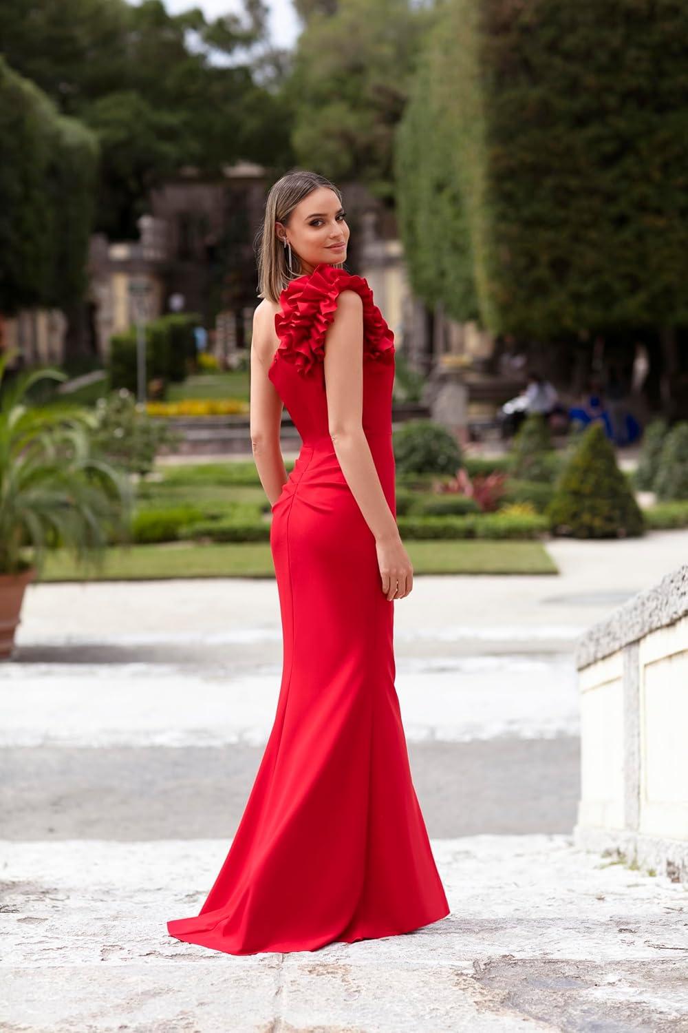 image:imageXscape Womens Xscape Womens OneShoulder FloorLength Scuba Crepe Dress with Ruffle Detail Reg and PetiteRed
