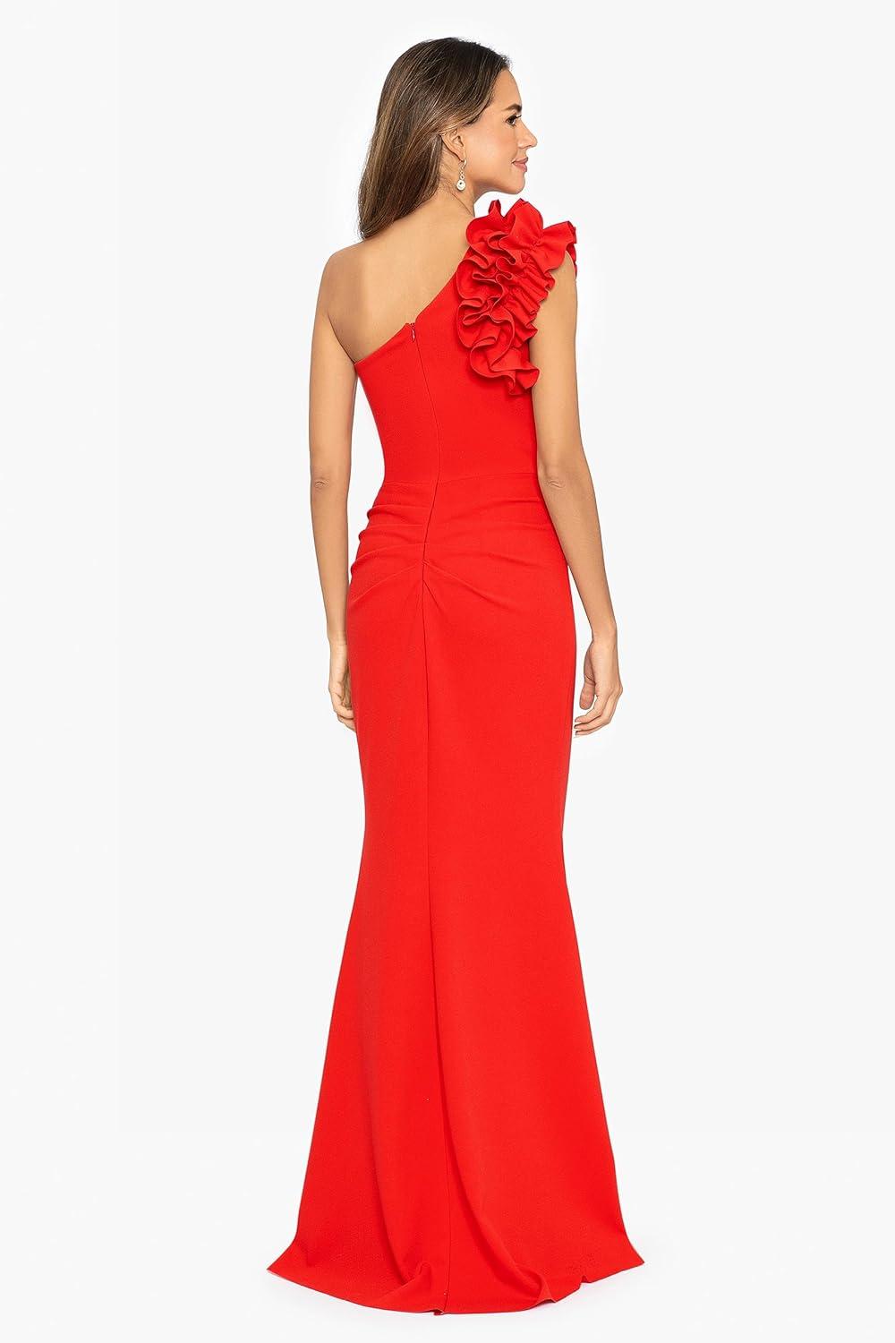 image:imageXscape Womens Xscape Womens OneShoulder FloorLength Scuba Crepe Dress with Ruffle Detail Reg and PetiteRed