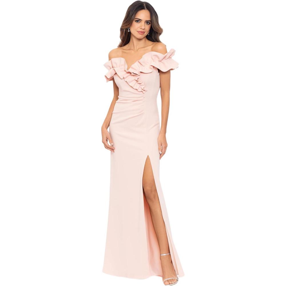 image:imageXscape Womens Long Stretch Scuba Crepe Ruffle Collar Ruched DressSpecial Occasion DressBlush