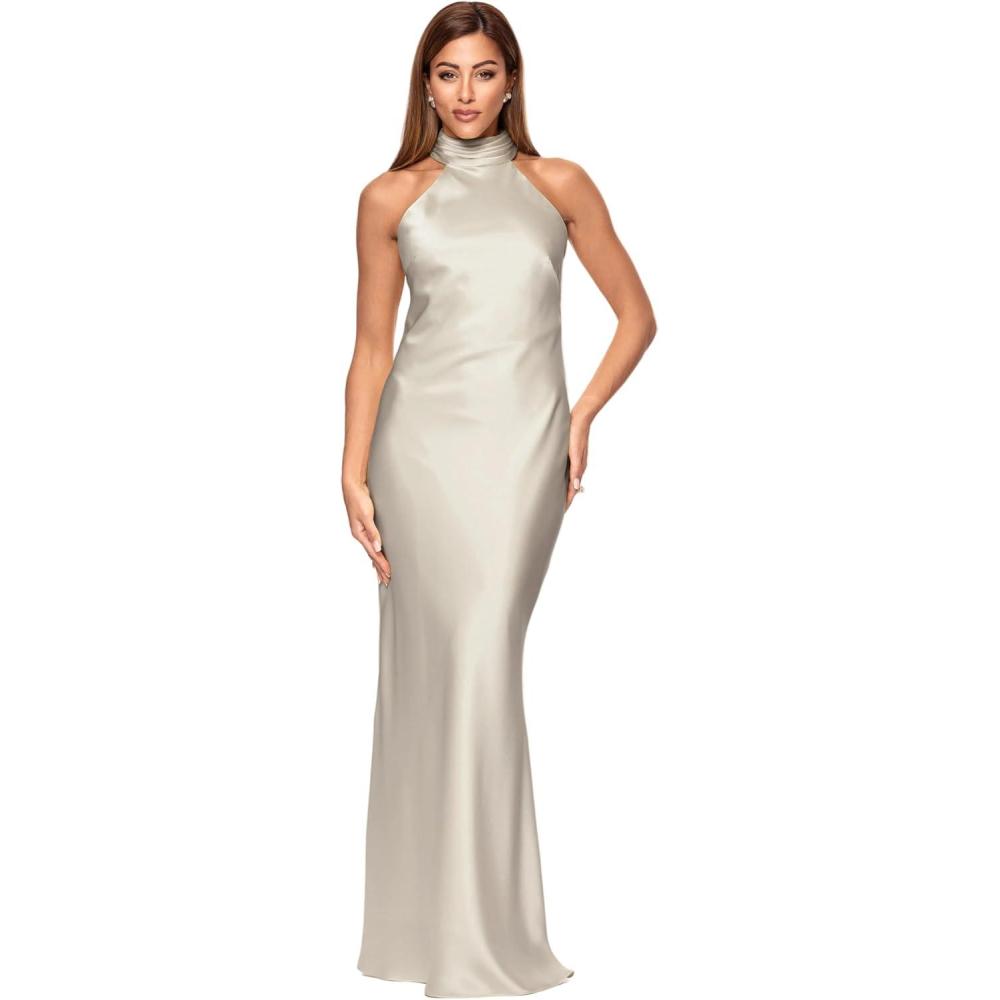 image:imageXscape Womens Satin Mock Neck Halter Floor Length DressChampagne