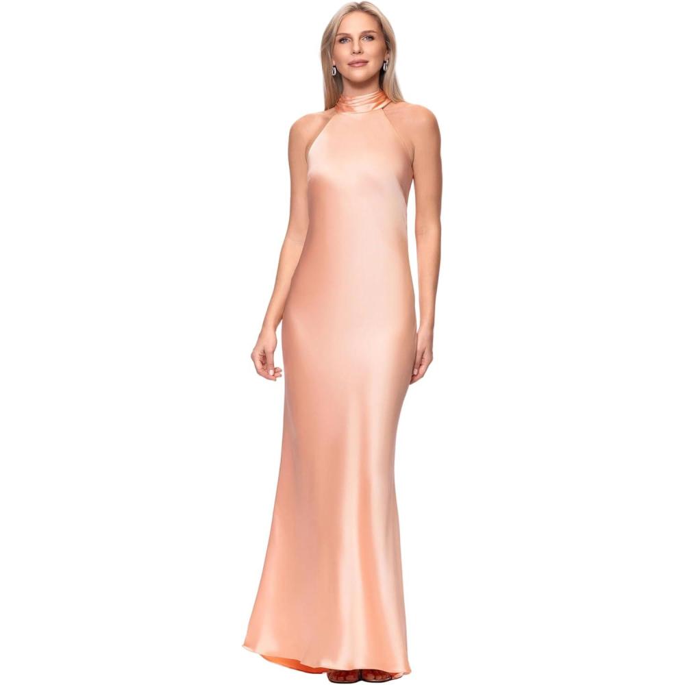 image:imageXscape Womens Satin Mock Neck Halter Floor Length DressPeach