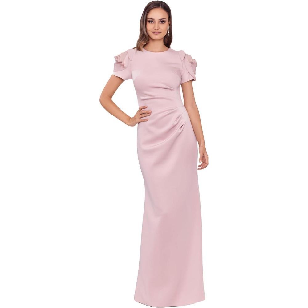 image:imageXscape Womens Scuba Crew Neck Floral Sleeve Ruched Floor Length DressBlush