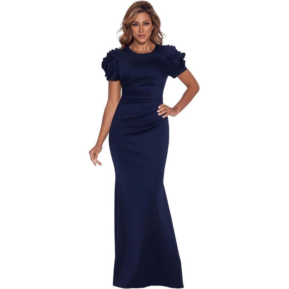 image:imageXscape Womens Scuba Crew Neck Floral Sleeve Ruched Floor Length DressMidnight