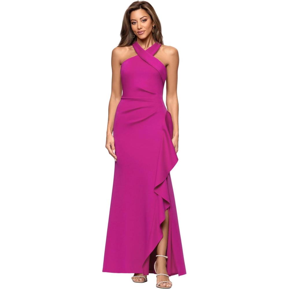 image:imageXscape Womens Techno Scuba Cross Neck Ruffle Floor Length DressOrchid