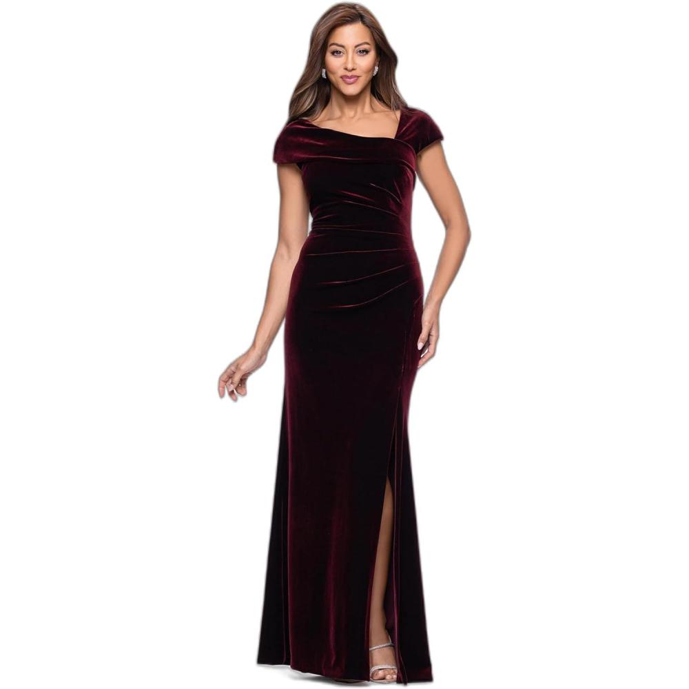 image:imageXscape Womens Velvet Asymmetrical Neck Short Sleeve Floor Length DressBurgundy