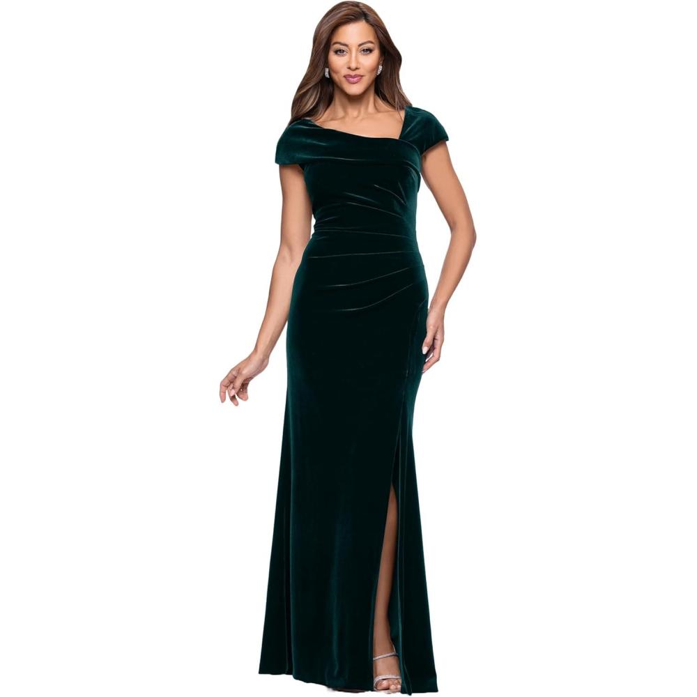 image:imageXscape Womens Velvet Asymmetrical Neck Short Sleeve Floor Length DressHunter