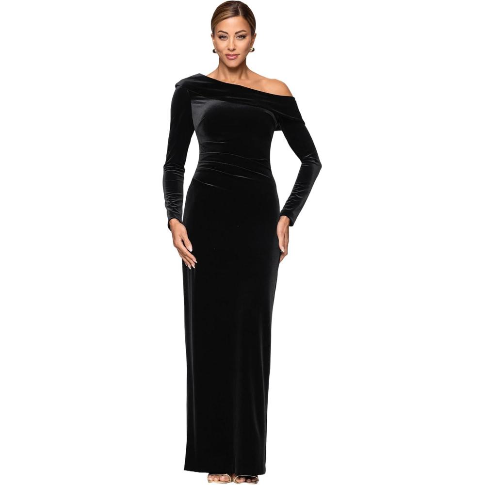 image:imageXscape Womens Velvet Drop Shoulder Long Sleeve Ruched Floor Length DressBlack