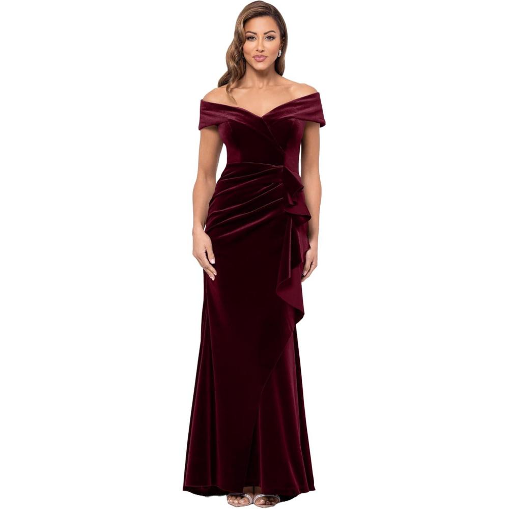 image:imageXscape Womens Velvet Off The Shoulder Short Sleeve Ruffle Draped Floor Length DressBurgundy