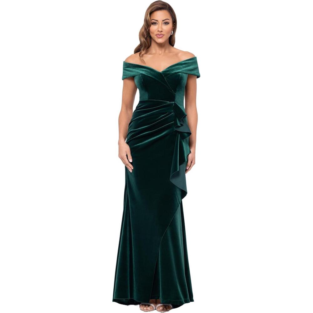 image:imageXscape Womens Velvet Off The Shoulder Short Sleeve Ruffle Draped Floor Length DressHunter