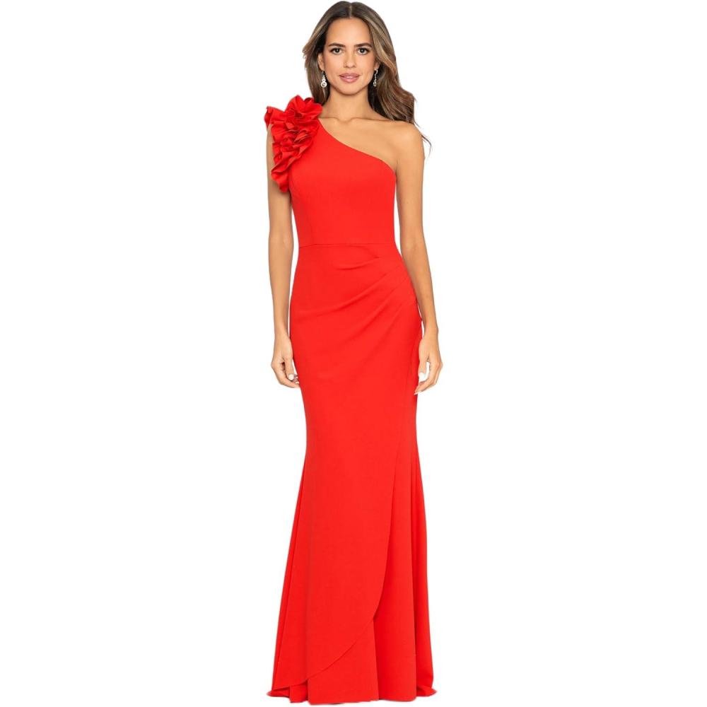 image:imageXscape Womens Xscape Womens OneShoulder FloorLength Scuba Crepe Dress with Ruffle Detail Reg and PetiteRed