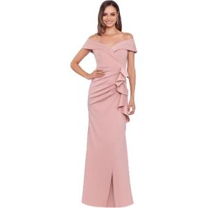 Xscape Women’s Long Off Shoulder Sweetheart Neck Side Ruffle Gown (Reg and Petite)(Blush)