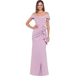 Xscape Women’s Long Off Shoulder Sweetheart Neck Side Ruffle Gown (Reg and Petite)(Blush Pink)
