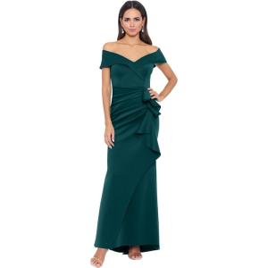 Xscape Women’s Long Off Shoulder Sweetheart Neck Side Ruffle Gown (Reg and Petite)(Hunter)